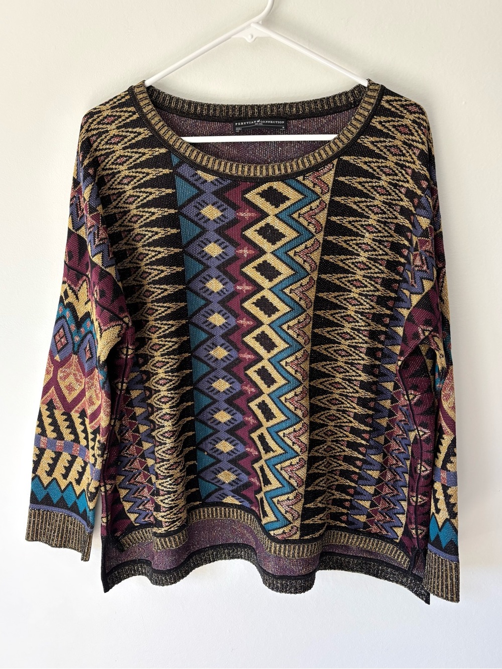 Peruvian Connection Blythswood Aztec Geometric Crewneck Metallic Sweater